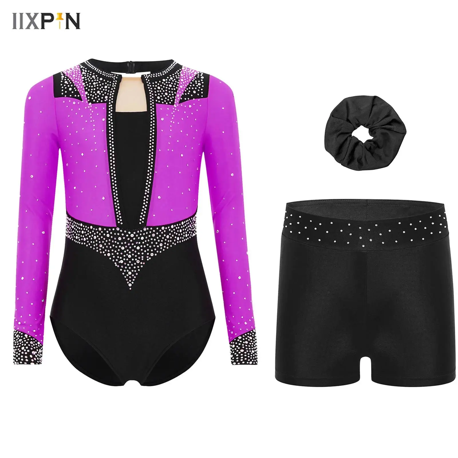 

Kids Girls Gymnastics Figure Skating Dance Outfit Long Sleeve Keyhole Back Shiny Rhinestones Leotard with Shorts and Hair Band