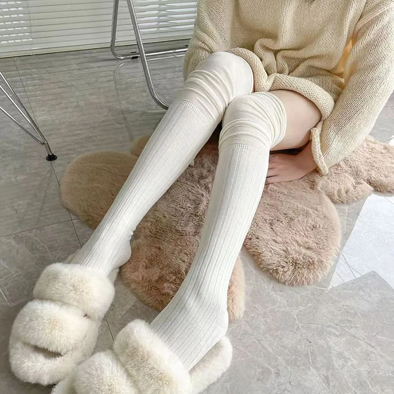 1 paar Boot Sokken Herfst/Winter Effen Kleur Dij Hoge Kant Leuke Lolita Warme Kousen Sexy Zwart Wit lange Been Sokken voor Vrouwen