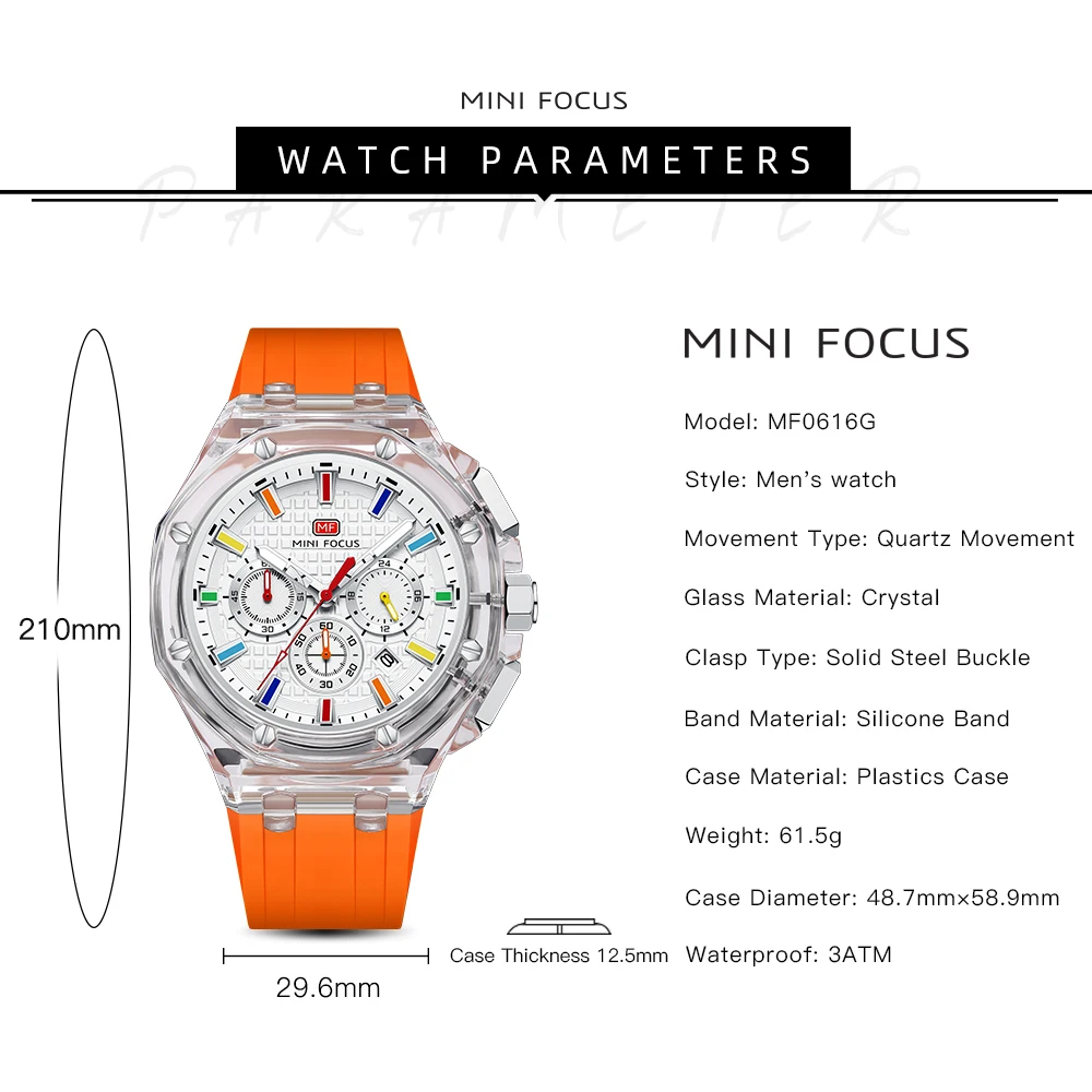 MINI FOCUS Transparent Case Mens Watches Multifunctional Casual Quartz Watch Waterproof  Wrist Watch with Luminous Hands 0616G