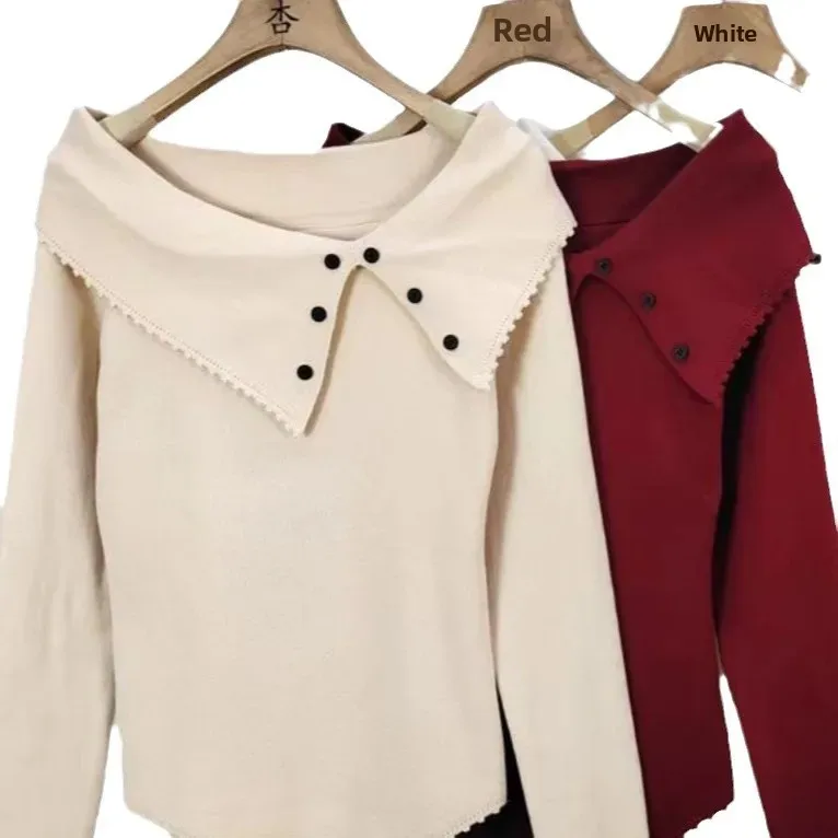 النمط الفرنسي خارج الكتف تريكو المرأة ربيع الخريف تصميم غير منتظم الإحساس معطلة سترة قميص صغير #5