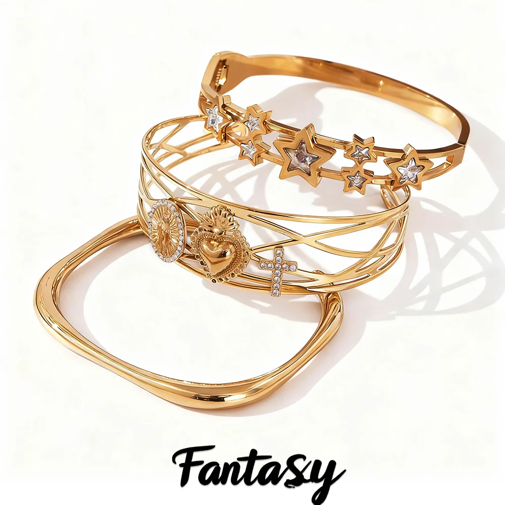 316 Edelstahl vergoldet glänzender Zirkon quadratisches Manschettenarmband Damen doppelschichtiger durchbrochener Stern Herz dicker Armreif Schmuck