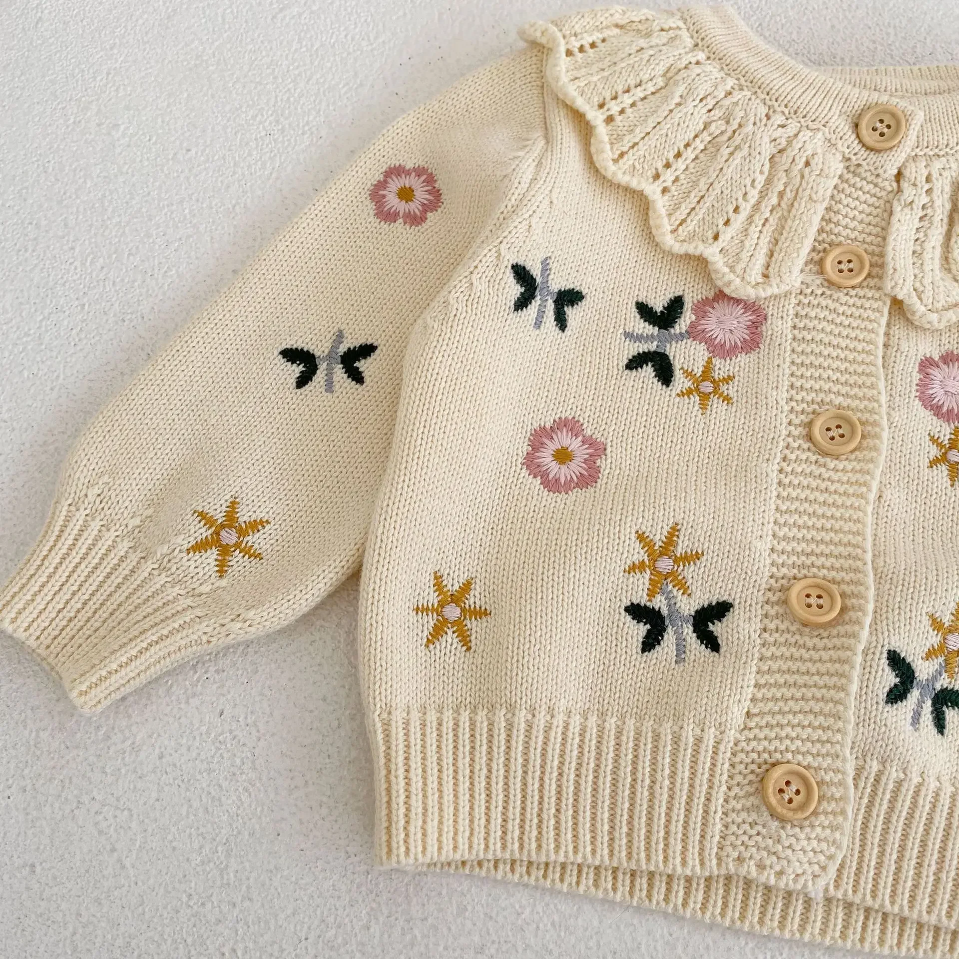 baby clothing set Spring autumn girls flower embroidered lotus collar knitted cotton long sleeve casual simple cardigan coat