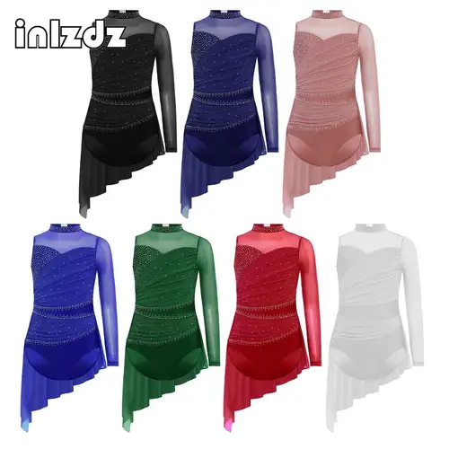 Imagen 1 del producto Vestido de baile lírico de Ballet para niñas, disfraz de actuación de patinaje artístico, leotardo con falda asimétrica superpuesta de malla fruncida con diamantes de imitación