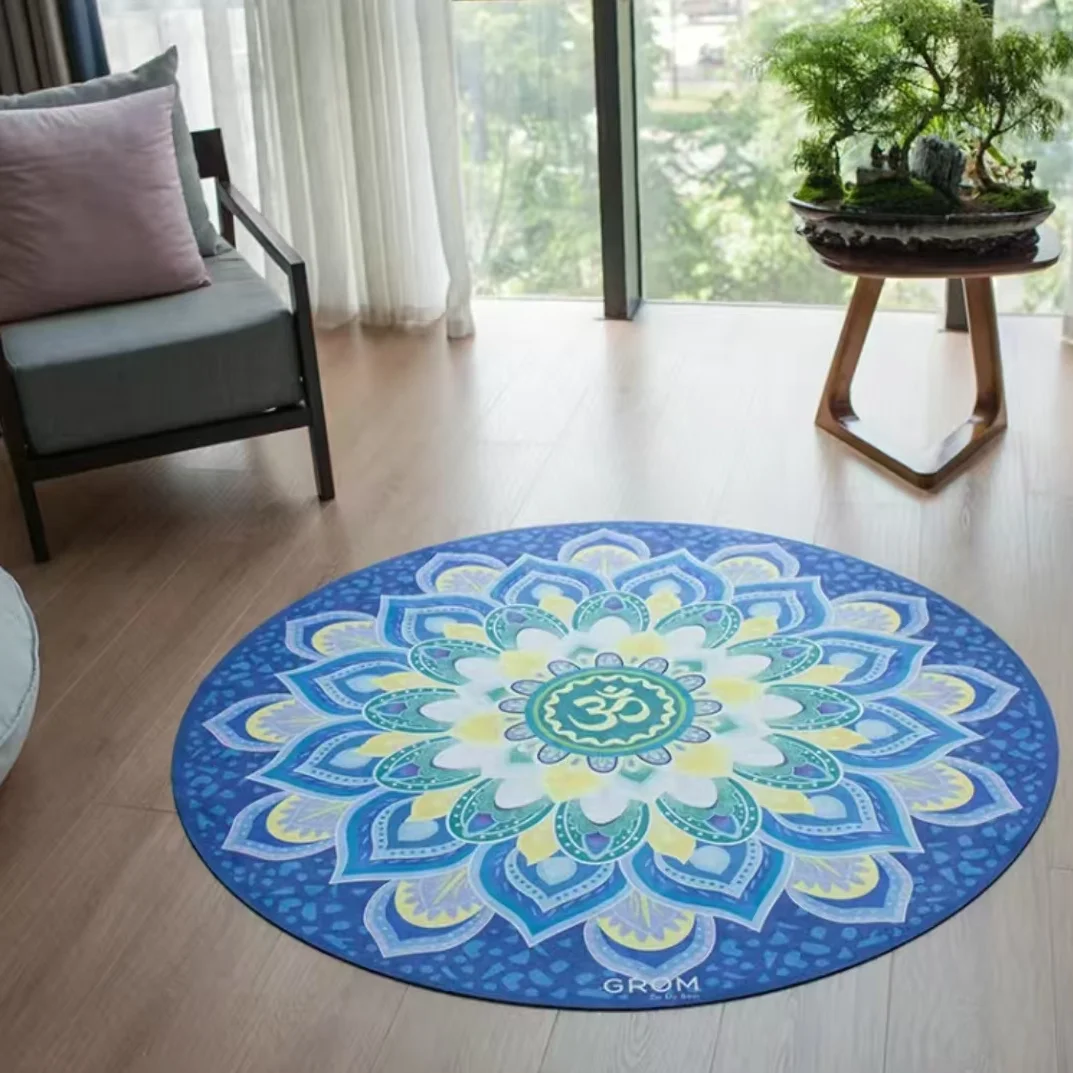 Round Blue Lotus Mandala Meditation Mat Non-slip Soft Yoga Floor for Adults Home Practice