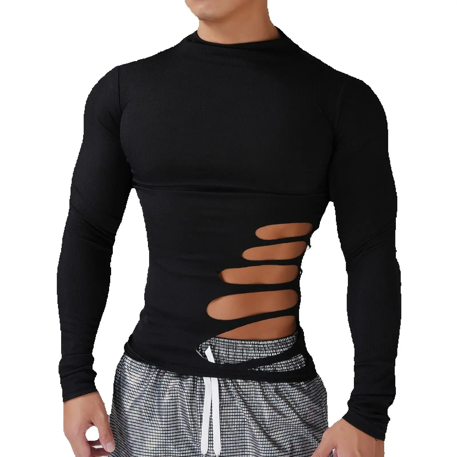 Modische Herrenkleidung Herbst T-Shirt Ausgehöhltes Schwarzes Langarm-Oberteil Lässiges Slim-Fit Halbhoher Kragen Streetwear T-Shirt Y2k