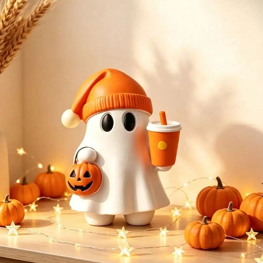 1pc Cute Halloween Ghost Figurine With Pumpkin Bucket And Orange Drink Resin Ghost Desktop Decor, Home Office Bookshelf Coffee Table Halloween Decoration Gift