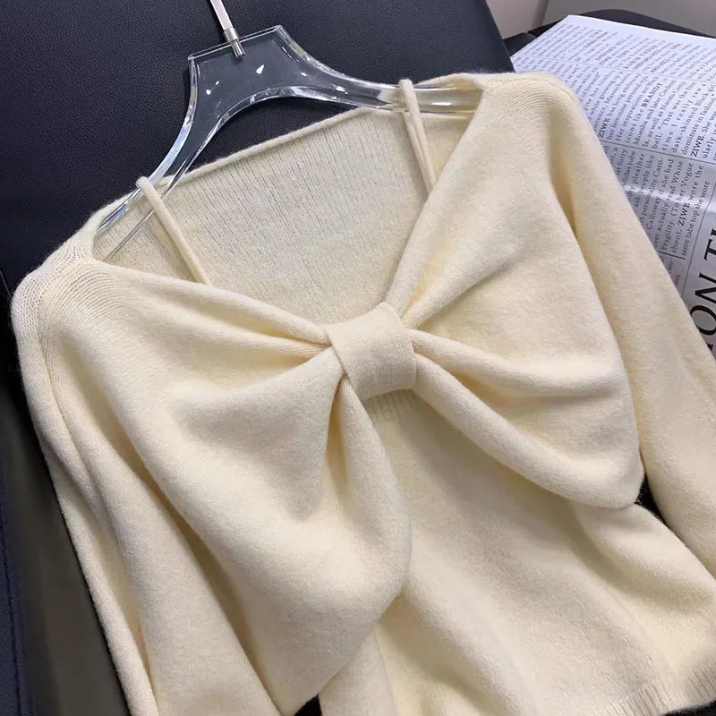 Korean Fashion Bow Sweater Pullovers Women Autumn Soft Solid Knitwear Tops Female Long Sleeve Casual Knit Tops Women