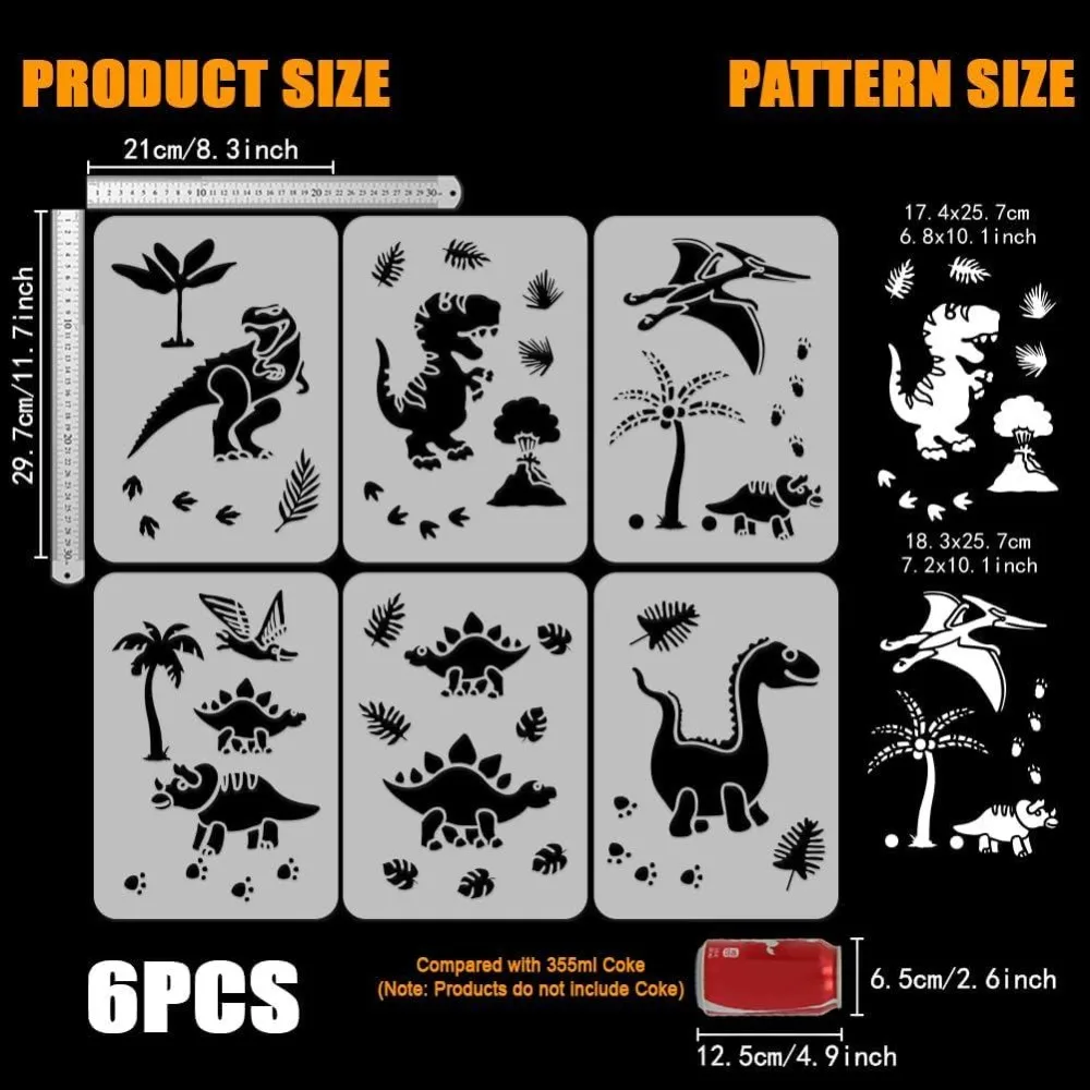 6 PCS Jurassic Era Dinosaur Painting Stencils 8.3x11.7inch Hollowed Dinosaur Volcano Drawing Templates Reusable Leaf for DIY