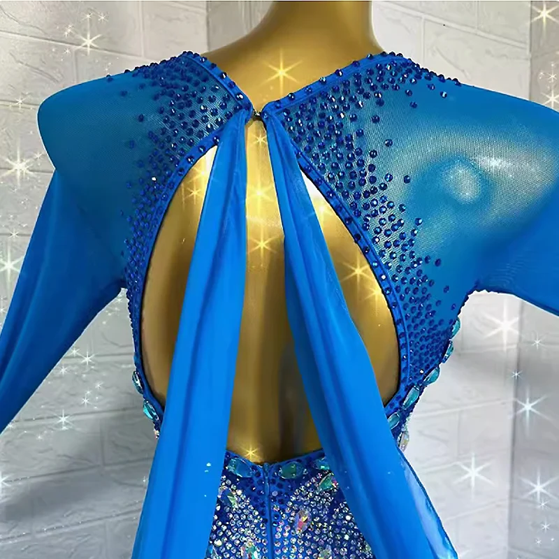 New Modern Dance Competition Costume Big Hem Ribbon Diamond Dress Ballroom National Standard Waltz Dancing Performance Outfits