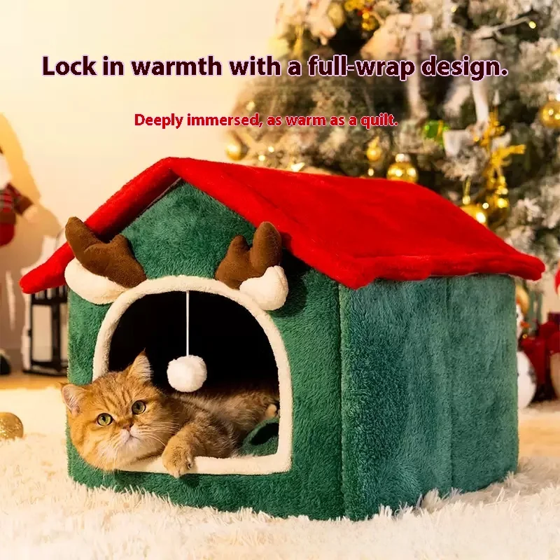 

Christmas Pet House - Winter Warm Thickened 4-Season Cat Dog Bed, Removable Washable Enclosed Fleece-Lined Tent House
