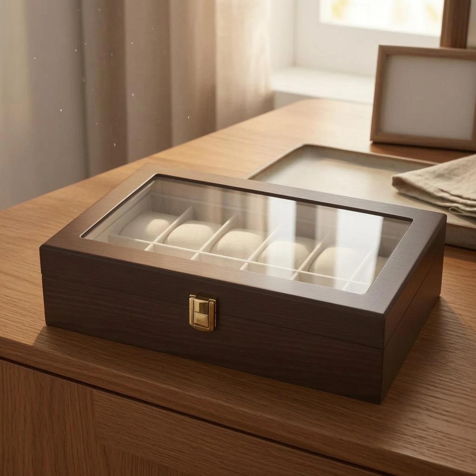 Watch Organizer Box Padded Compartments Wooden Watch Box White Lined Multi-Compartment