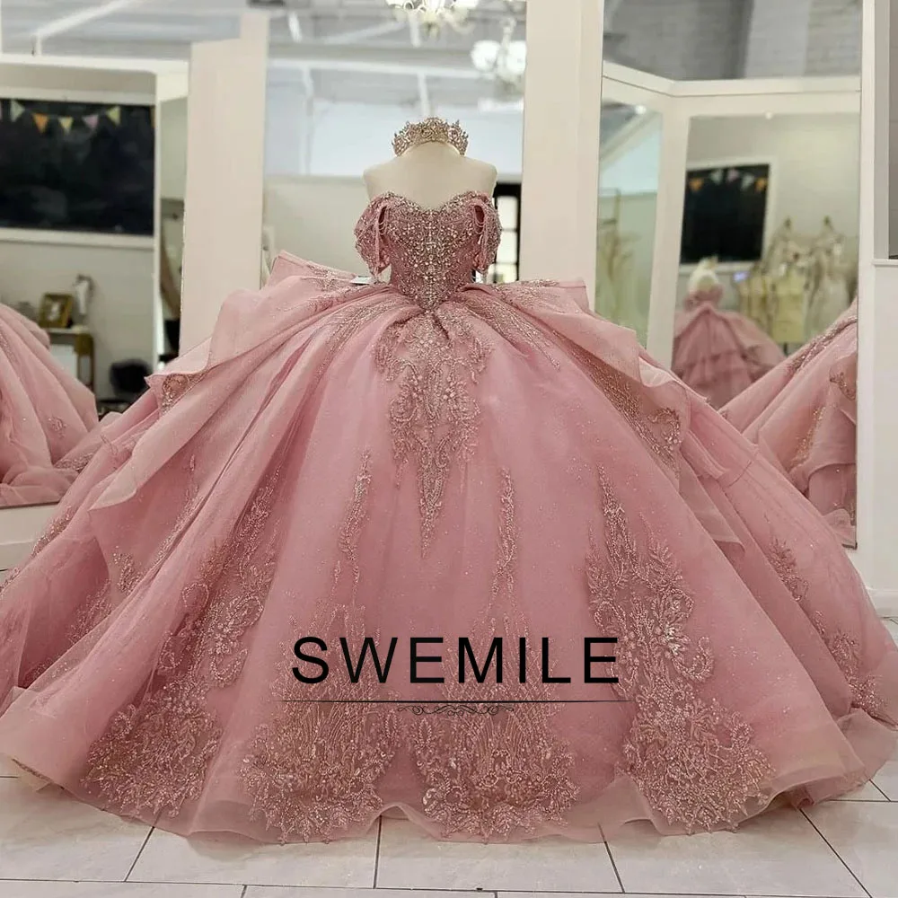 pink and gold sweet 16 dresses Sparkling gold quinceanera dresses with Sweetheart Neckline, Lace Appliques, and Sequins