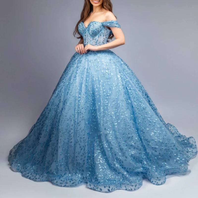

Aqua Blue Shiny Quinceanera Dresses Off The Shoulder Sequin Applique Lace Beads Tull Party Birthday Sweet 16 Dress Vestidos 15