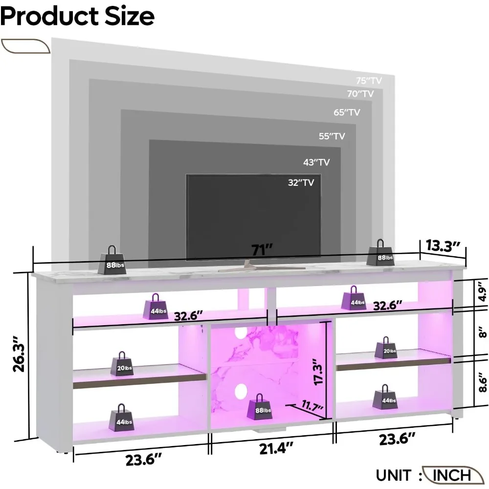 حامل تلفزيون LED بطول 75 بوصة، وحدة تحكم ألعاب لتخزين الرف قابلة للتعديل لمركز الترفيه لأجهزة PS5 وXbox والمزيد