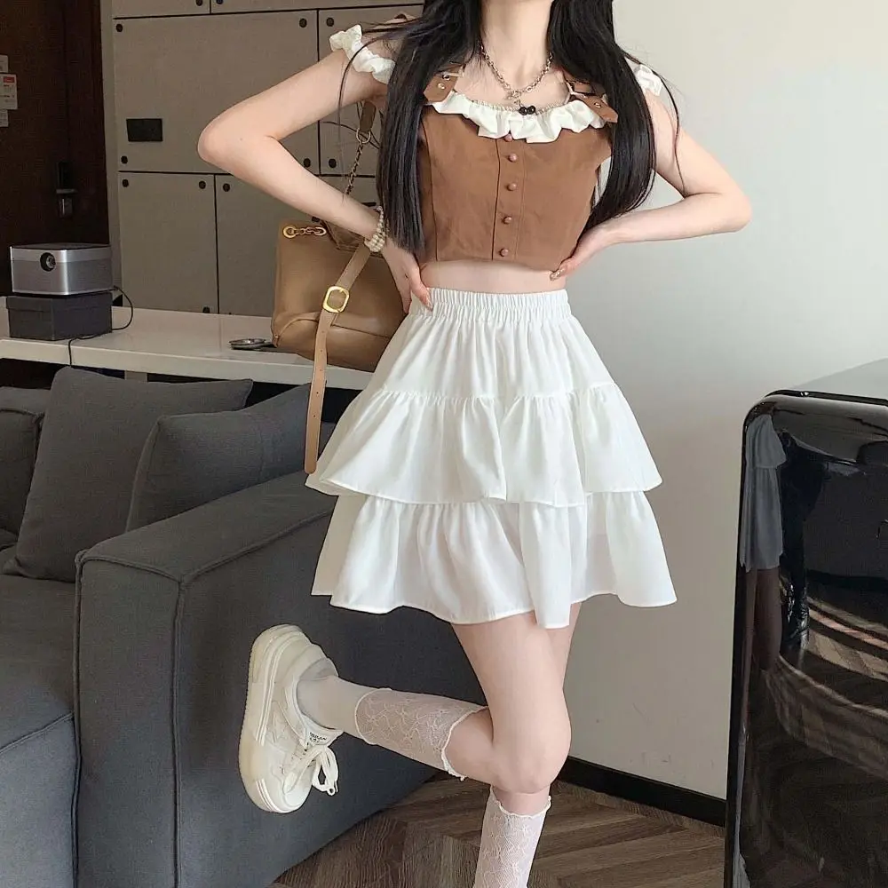 A-line High Waisted Cake Skirt Double Layer Elastic Waist Pleated Fluffy Mini Skirt Harajuku Solid Color Ruffled Short Skirt