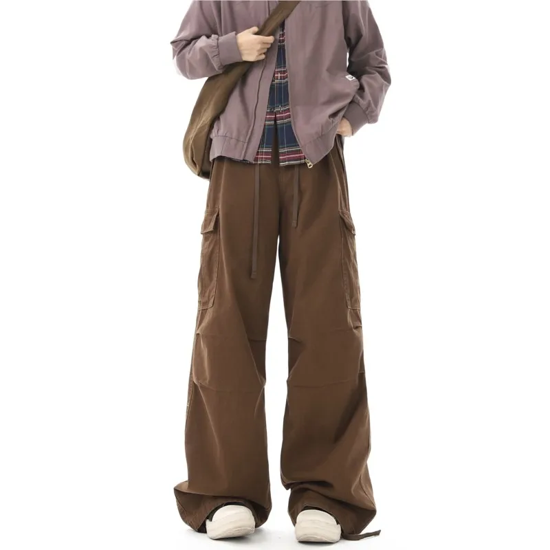 Multi-pockets Cargo Pants Men Women Hip-hop Wide-leg Mopping Trousers Vintage Loose Casual Spring Couple Unisex Drawstring Pants