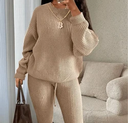 Two Piece Sets Women Clothing 2023 Autumn/winter Fashion Casual Solid Round Neck Pullover Loose Pit Knitted Sweater Pants Suits