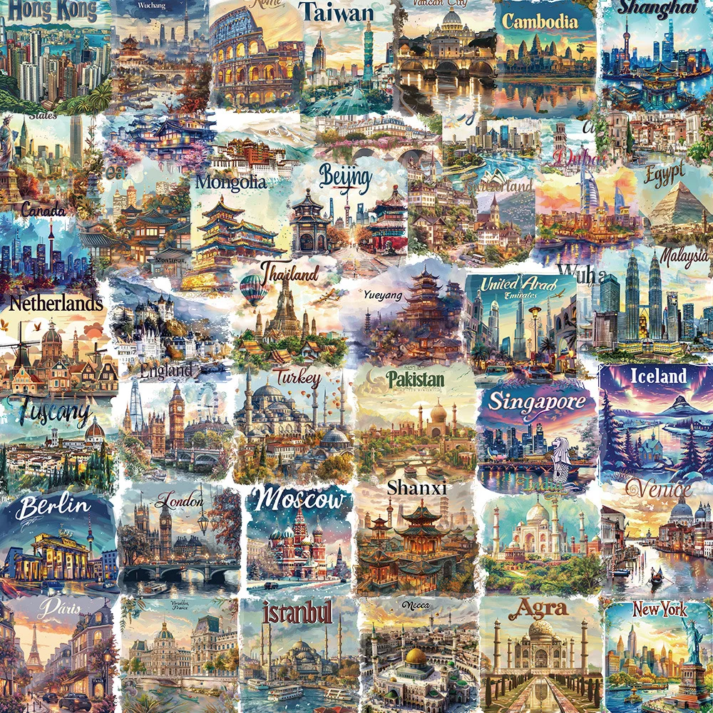 50pcs Transparent Cartoon City Building Label Sticker Pack Waterproof PET Decorative Guitar Notebook Stickers