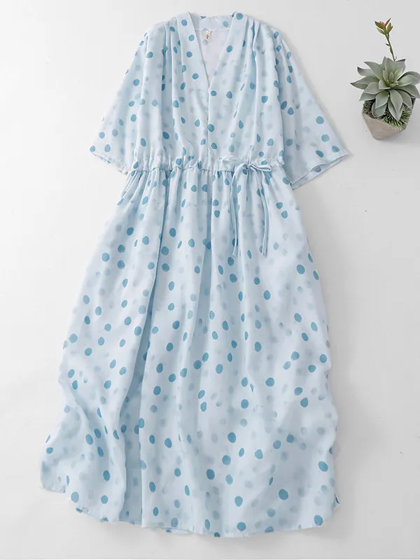 High Waist Loose Fit Long Dress Artistic Style Large Size Design Breathable Printed Fabric V-Neck Short Sleeve Women's Dress