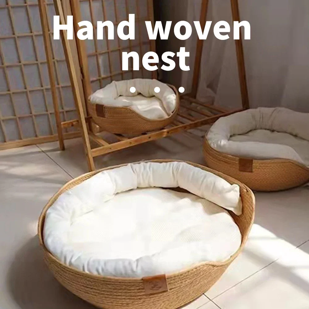 Lit rond d'été tissé en paille pour chien, panier détachable pour animaux de compagnie, canapé de sommeil profond, chenil pour animaux de compagnie, paniers nid tissés à la main pour chien et chat