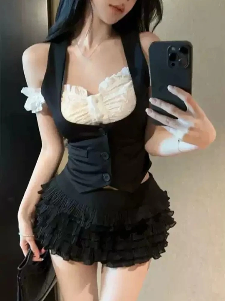 Japanese Vintage Gothic Dark 3 Piece Set Women Chic Tops + Vest + Mini Skirts Harajuku Y2k 2000s Aesthetic Slim Streetwear 2026