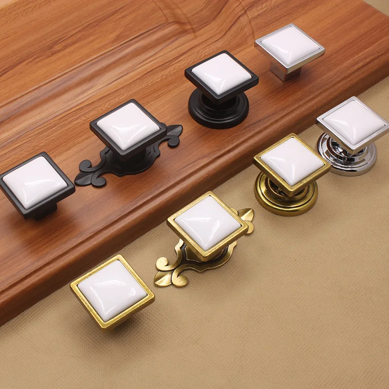 Black and White Cabinet Door Furniture Handle Wardrobe Drawer Knobs Single Hole Pulls Zinc Alloy Bright Chrome Square Handles