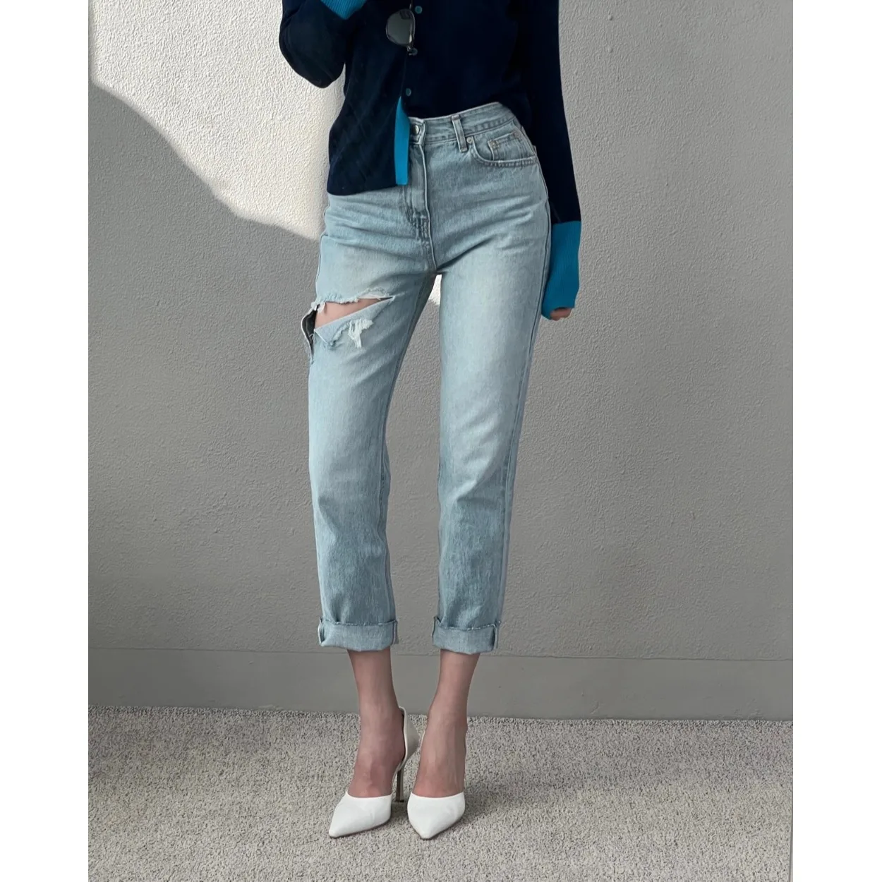 

Faionable Comfortable New Arrival Women's Jeans Side Tear Hole Simple Seven Nine Split High Waist Blue Denim Spring Autumn