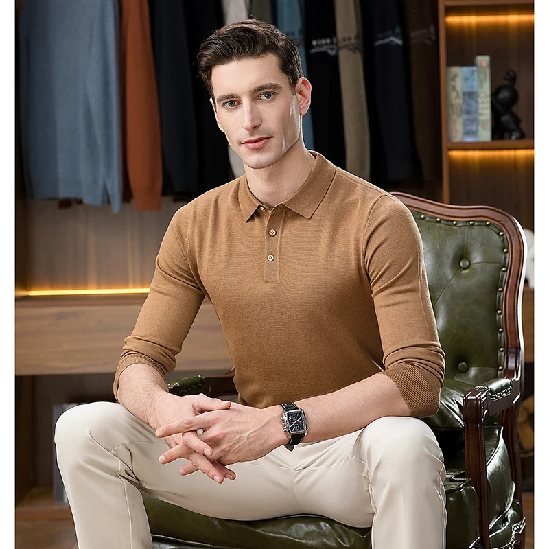 

100% Best Superfine Wool Polo Shirt Men 2025 Autumn Classic Turn Down Collar Knit T-shirt Long Sleeve Worsted Wool Tops
