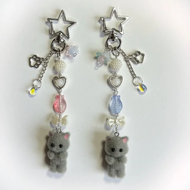 3D handmade Y2k Calico Animal Persian Cat Grey Design Star Keychain | Flower | Fish