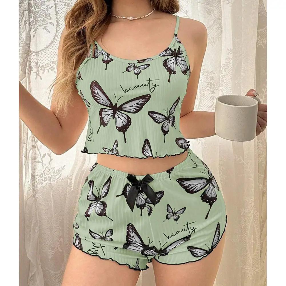 

Women's Pajamas Set Summer New Style Sleeveless Sexy Camisole & Shorts 2-Piece Loungewear Floral Print Bow Tie Knit Pijama Set