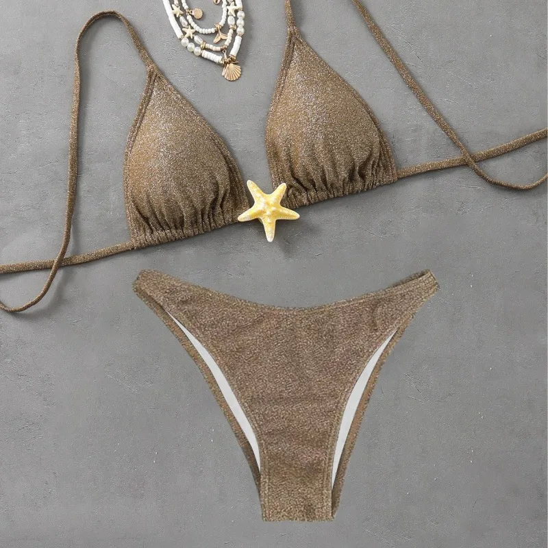 Sexy Metal Starfish Designer Bikini Set 2025 Women Shiny Green Black Push Up Micro Swimsuit Beach Bathing Suit Thong Swimwear