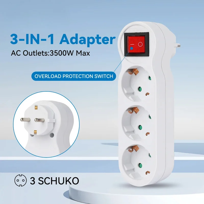EU Standard Wall Outlet, Power Adapter 1 to 3, with Switch - Shock-Proof, 3500W Max Power, Overload Protection, Portable