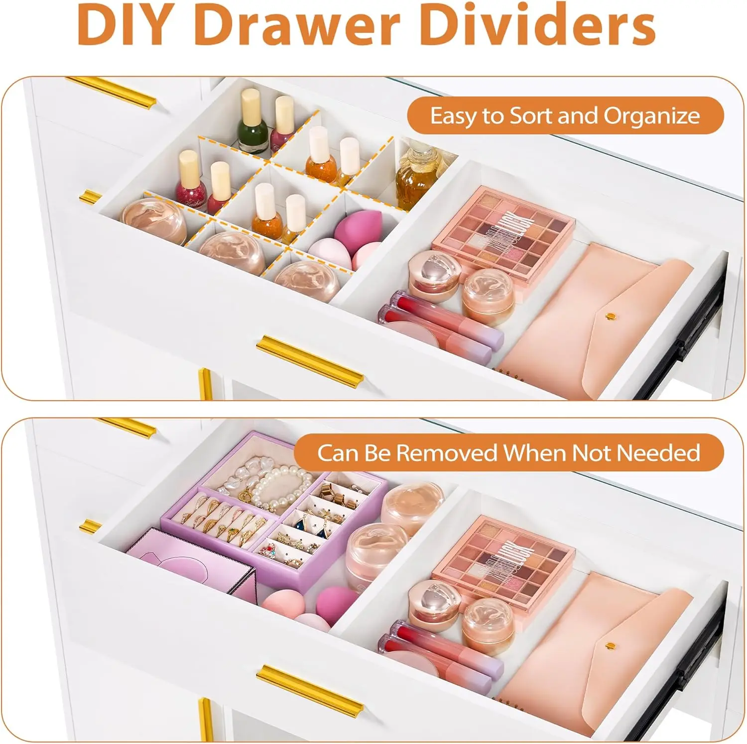 Oświetlana toaletka z białym lustrem, szklanym blatem, gniazdem elektrycznym i 7 szufladami do przechowywania, dostępna w 3 opcjach kolorystycznych.