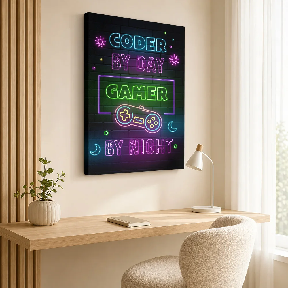 Coder Day Gamer Night Framed Canvas Print Posters Cyberpunk Style Wall Art With Personalized Photo For Study Ideal Birthday Gift