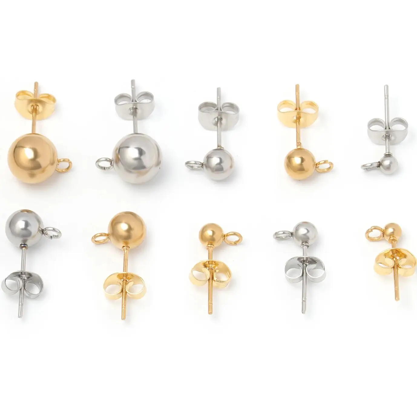 50pcs Stainless Steel 3 4 5 6 8mm Round Ball Post Earrings Stud with Loop Fit Women DIY Earring Jewelry Making Craft