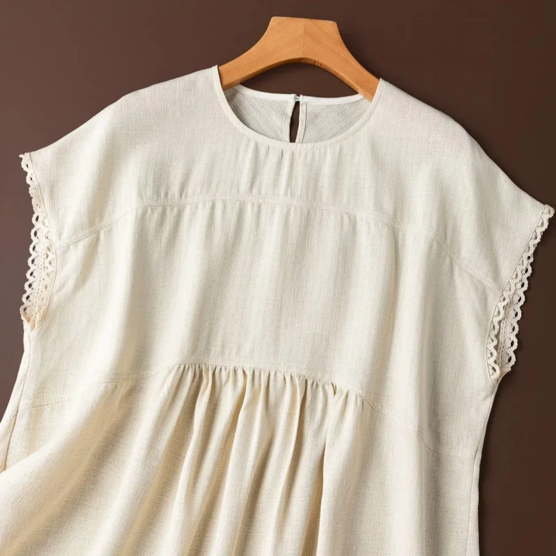 Birdtree, 100% Real Silk Solid Tshirt, O-neck Short Sleeve Tops, Women Spun Silk Lace Hem Loose Shirt, 2026 Autumn New T67601JF