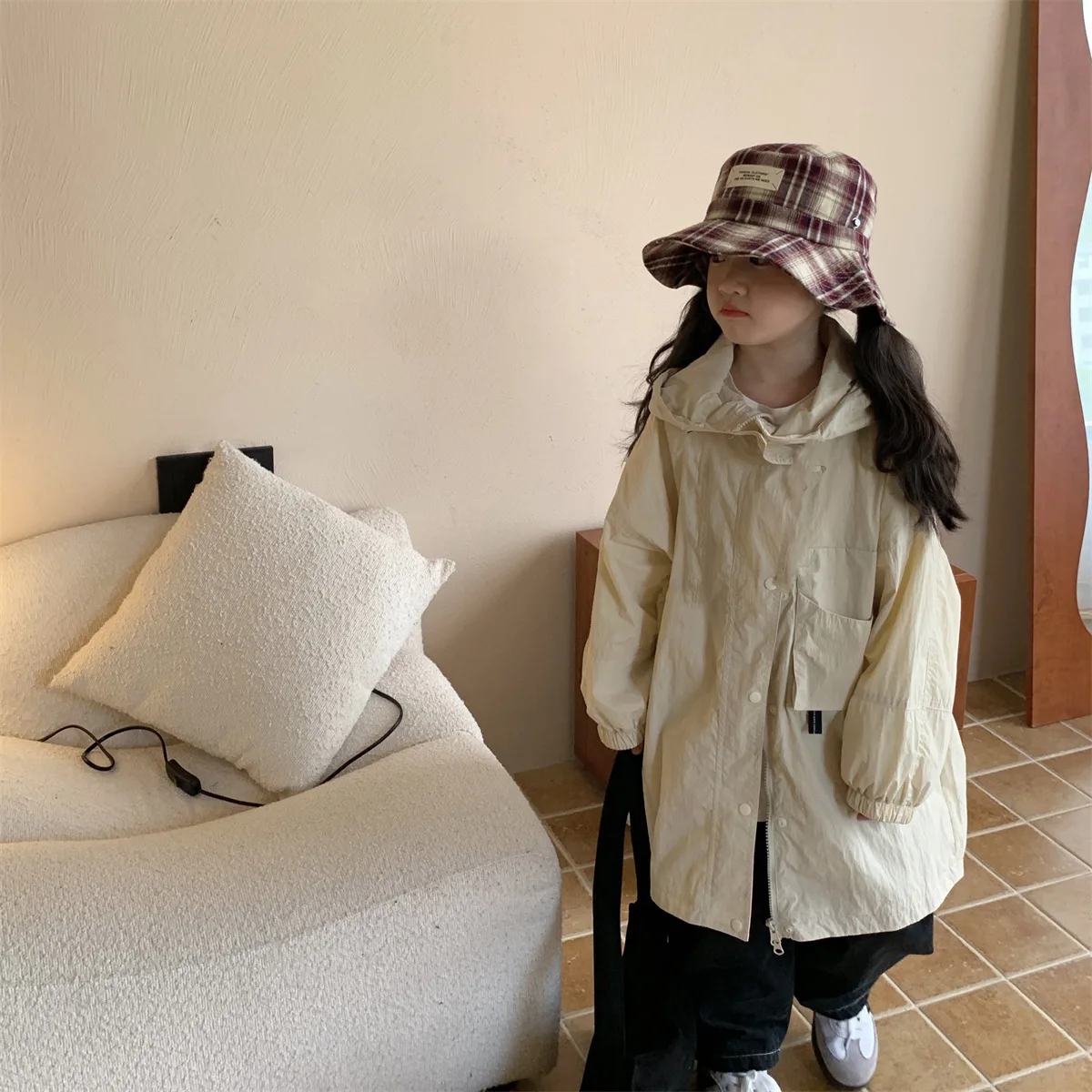 Girl Coat 2023 Autumn and Winter New Girls Solid Hooded Long Trench Coat Baby Fashion Waist Stormtrooper Warm Coats