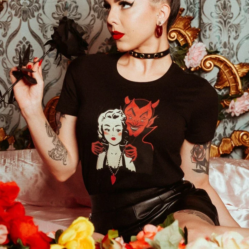 Deal with The Devil T Shirt Women Halloween Funny Dark Edgy Grunge T-shirt Spirit Clothes Gothic Top Vintage Tshirt Dropshipping