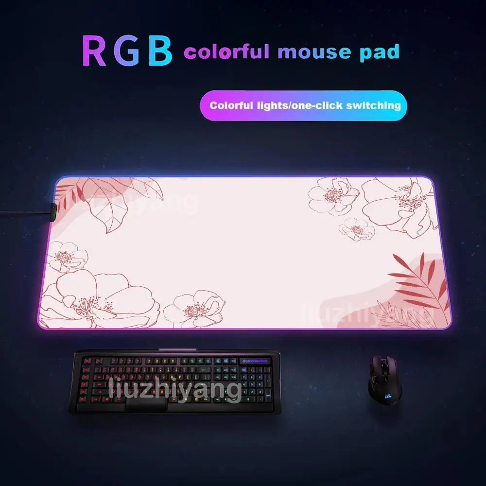 

Pink Floral Mouse Pad RGB Lighted Mechanical Keyboard Pads Office Computer Accessories Carpet Mats LED Anti-slip Game Table Mat