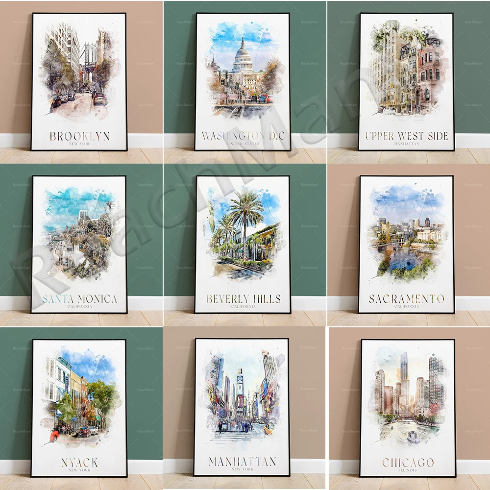 

Watercolor travel poster of Alaska, Manhattan Upper West Side, Santa Monica, Washington DC, Sacramento, Illinois, Beverly Hills