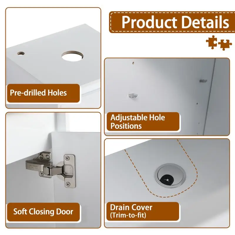 زينة قائمة بذاتها مقاس 32 بوصة مع حوض سيراميك، وخزانة تخزين صغيرة، وأبواب إغلاق ناعمة، ولمسة نهائية بيضاء لامعة، وخشب رقائقي، وتغليف KD