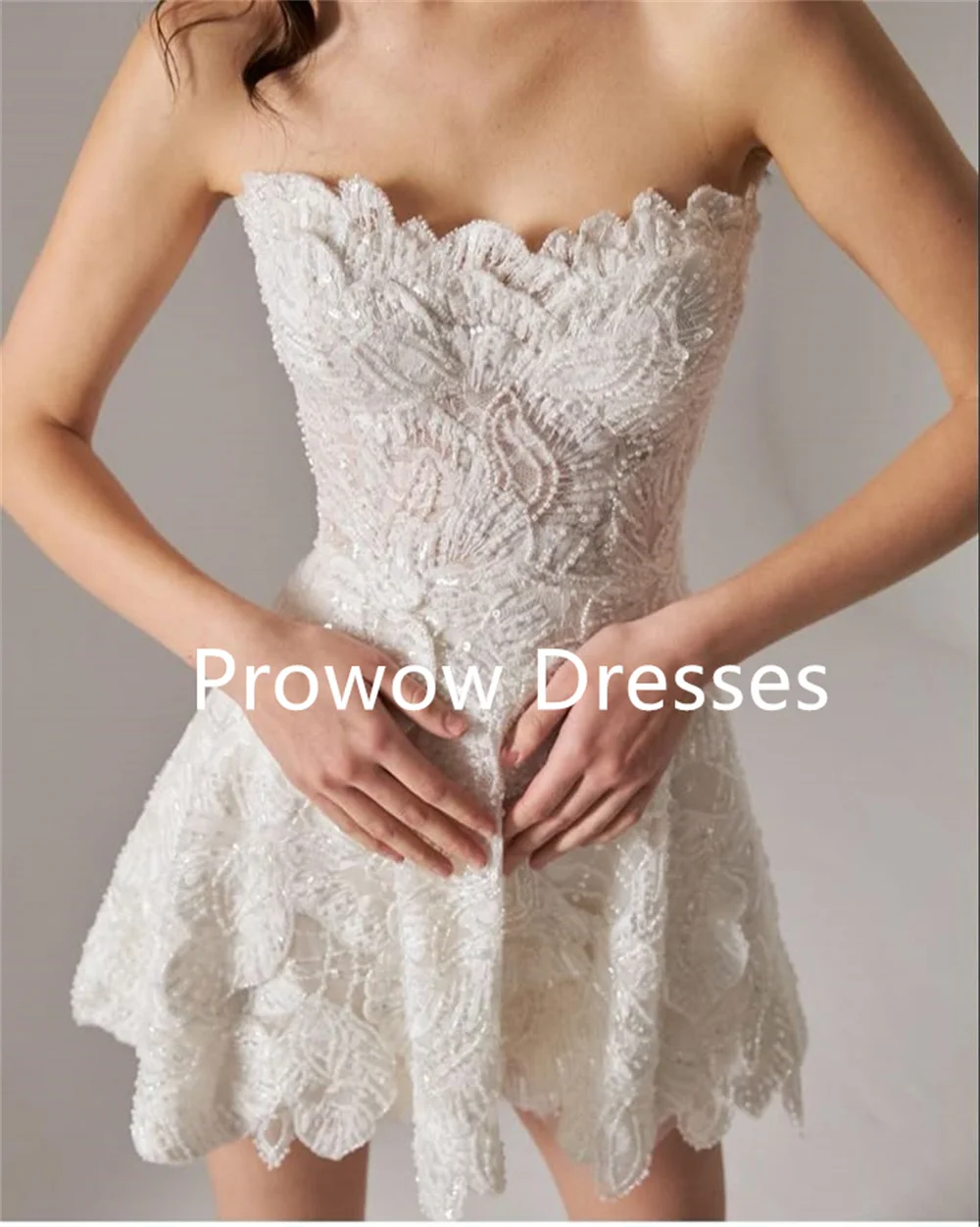 Prowow Luxury Full Beads Lace Mini Short Wedding Dresses Sweetheart Sleeveless Bride Dress Formal Prom Dress Customized