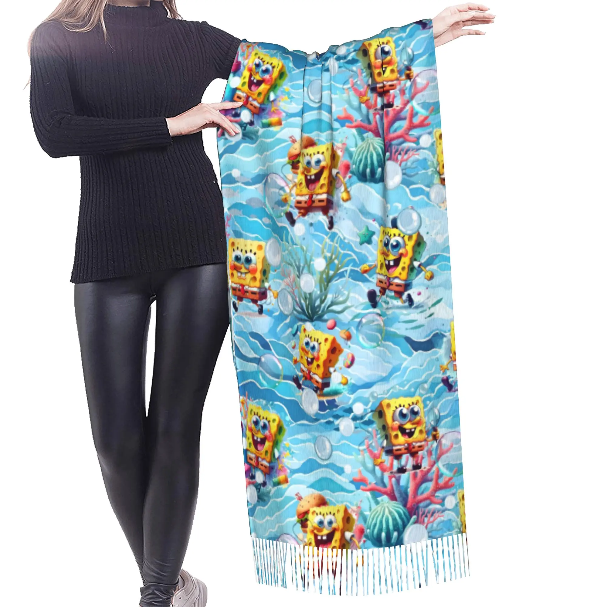 Custom Lady Long S-Sponges Anime Bobes Scarves Women Winter Soft Warm Tassel Shawl Wraps Starfish Cartoon Scarf