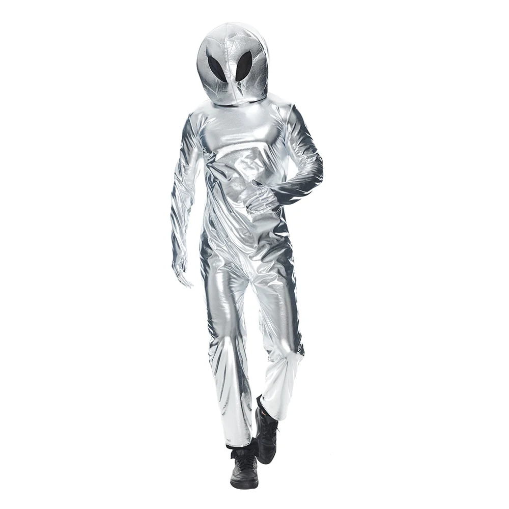 Adult Alien Costume Unisex Halloween Extraterrestrial Space Metallic Bodysuit with Hat Carnival Easter Purim Fancy Dress