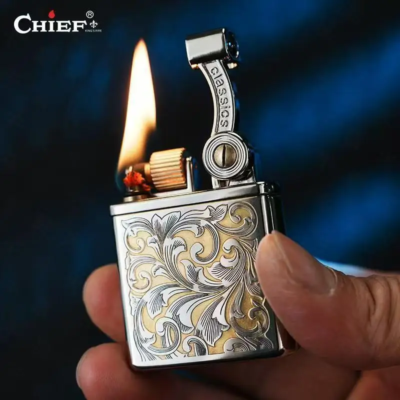 CHIEF Brass Double sided Carved Lifting Arm Roller Ignited Kerosine Lighter Large Capacity Sealed Oil Tank Retro Lighters Gadget