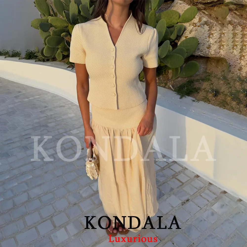KONDALA Casual Women Knit Skirt Suit V-Neck Buttons Short Sleeve Cardigan Long Skirt Fashion 2026 Summer Holiday Elegant Sets