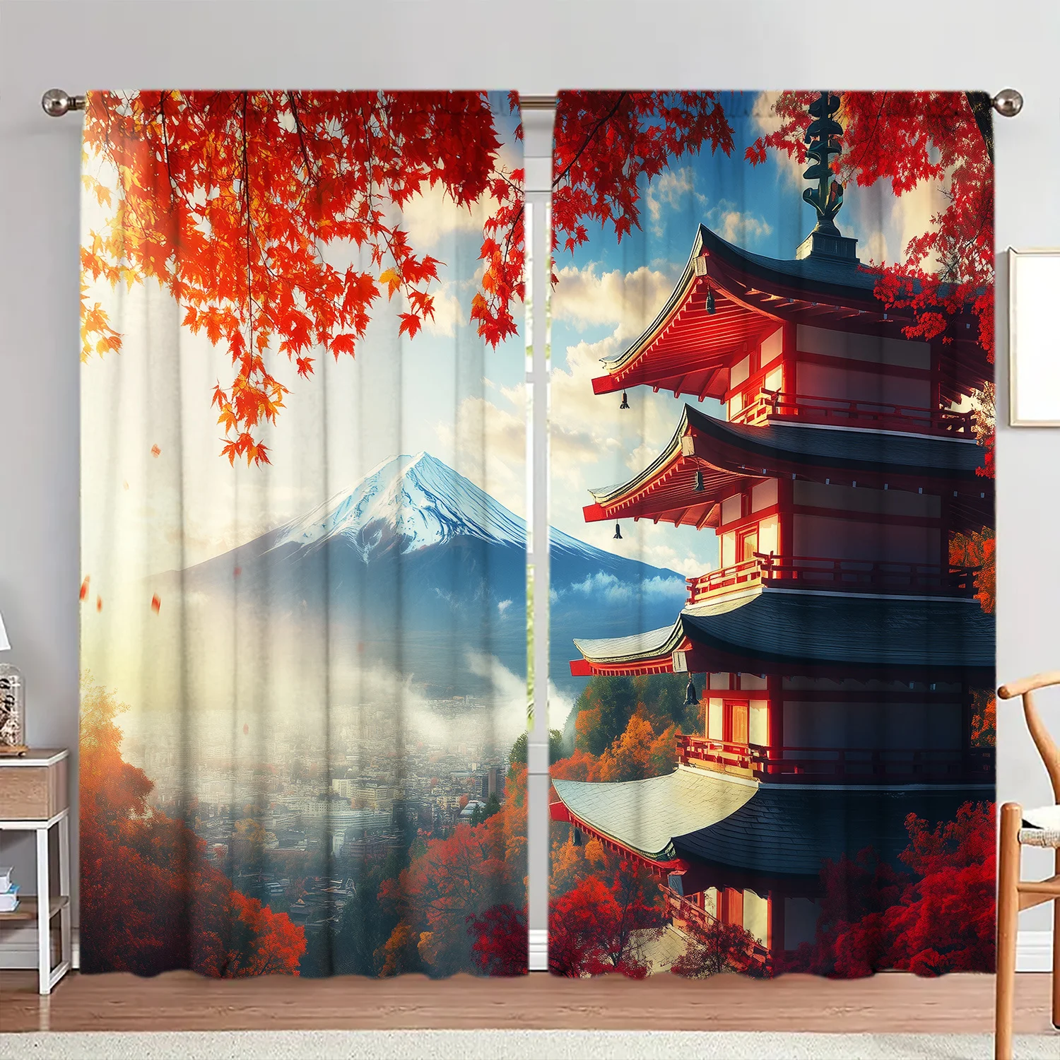 Japanese Landscape Curtain, Mt Fuji Pagoda Autumn Maple Print Drape, Asian Scenery Window Treatment for Living Room Home Decor