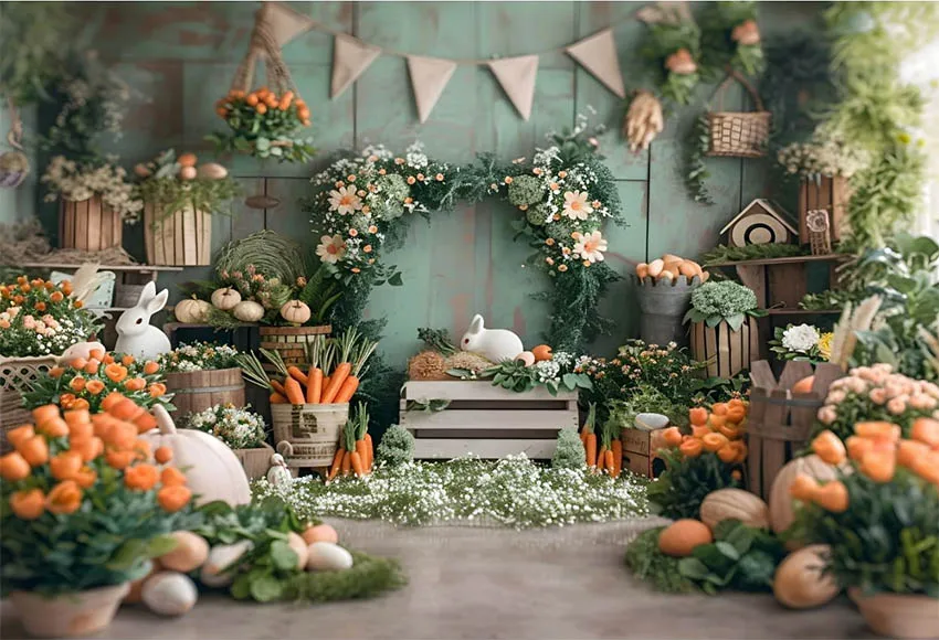 Mehofond Spring Easter Decoration 2025 Background for Photography Kids Birthday Party Carrot Rabbit Eggs Flower Grass Backdrops