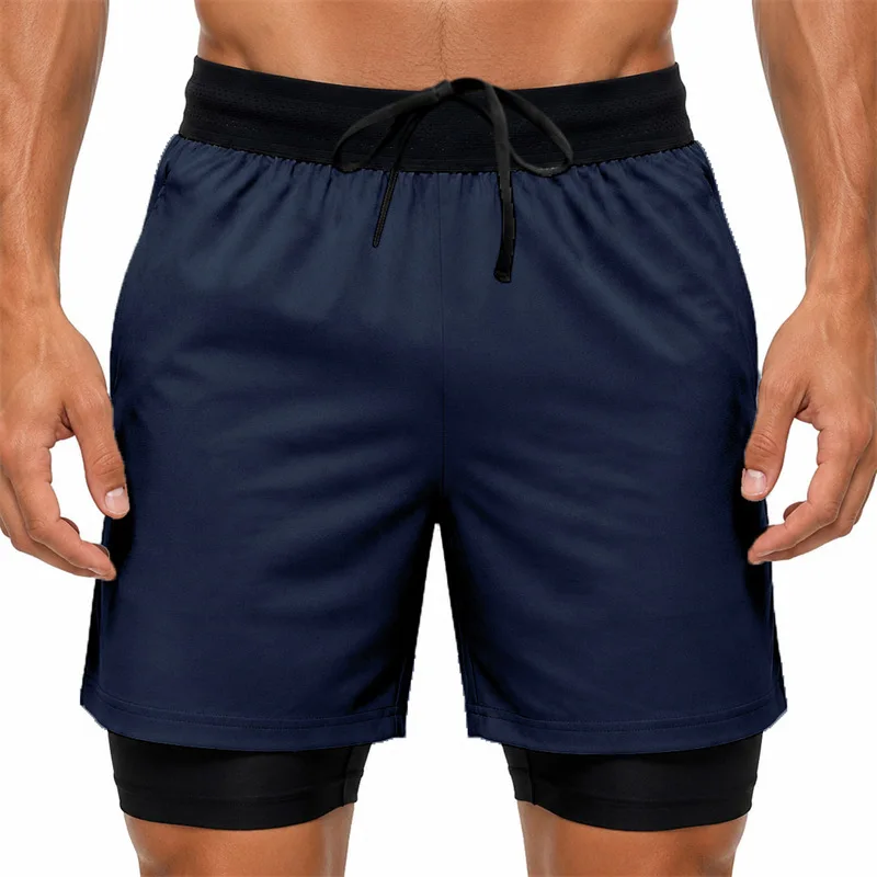 Summer Double-Layer Sports Shorts for Men with Running Print, Elastic and Moisture-Wicking Lining, Double-Layer Fitness Shorts