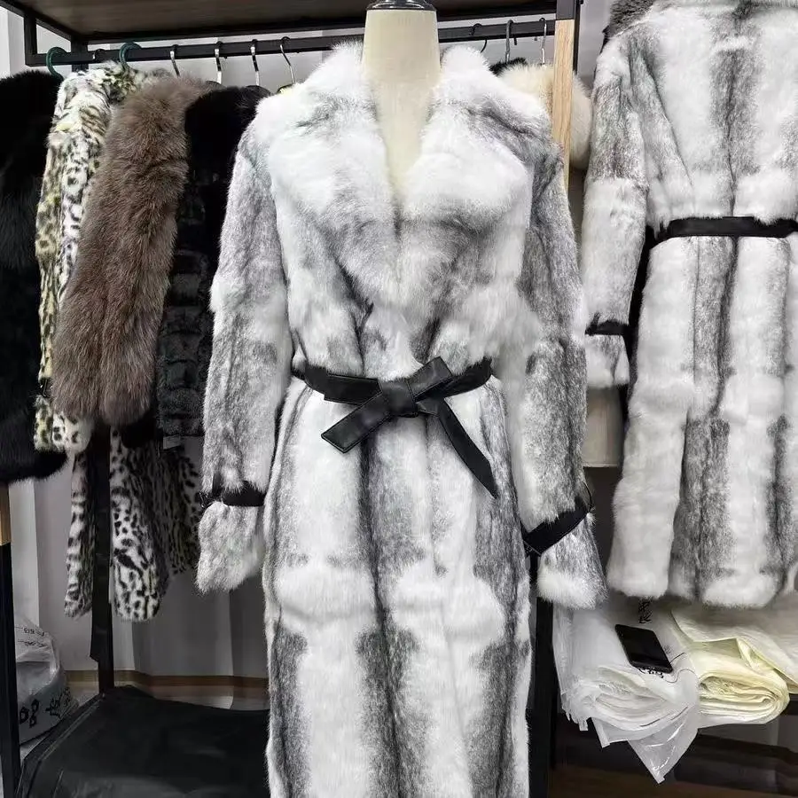 Winter Women Women's imported 100% Real Rabbit Fur Coat X-Long Natural Rabbit Fur Jacket Thick Warm Ladies Overcoat